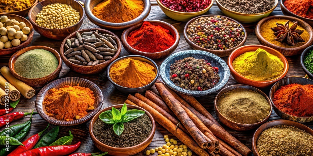 Vibrant display of fragrant Indian spices , aroma, curry, turmeric, masala, cumin, coriander, cardamom, saffron, food Vibrant display of fragrant Indian spices , aroma, curry, turmeric, masala, cumin, coriander, cardamom, saffron, food