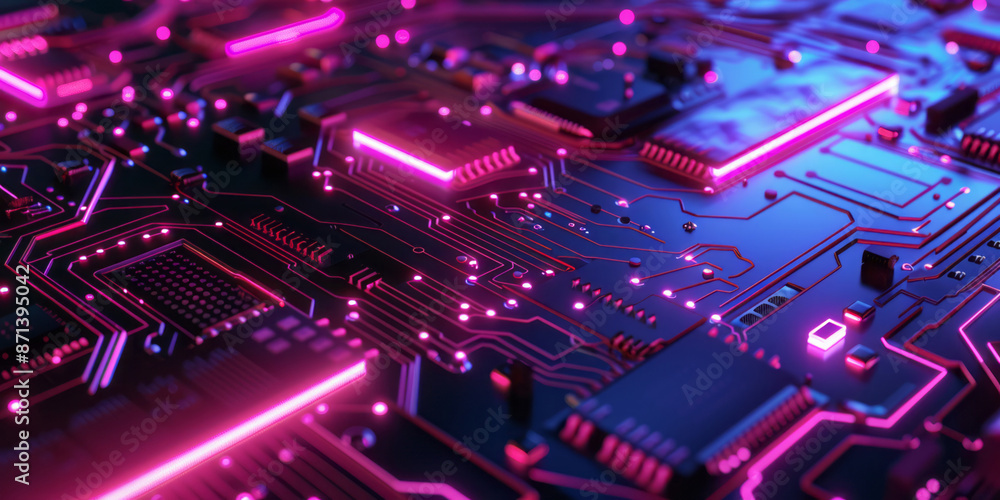 Obraz premium Abstract background with neon and glowing lines in the shape of computer chips, futuristic technology wallpaper.