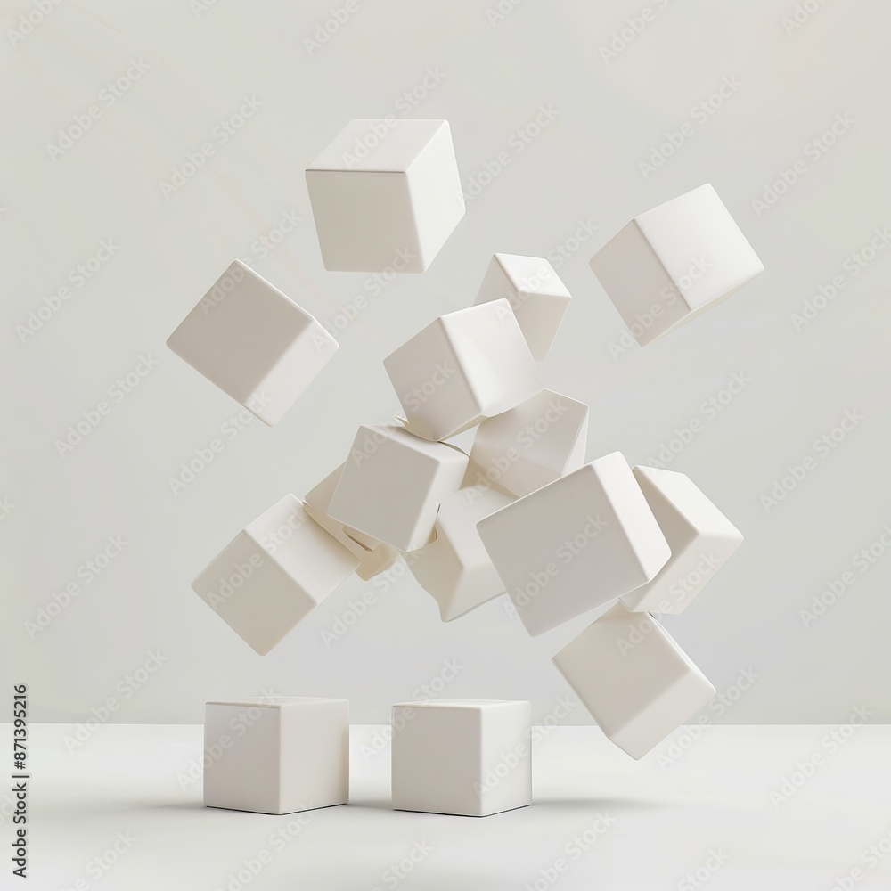 A white cube is falling down on a table. A white cube is falling down on a table.