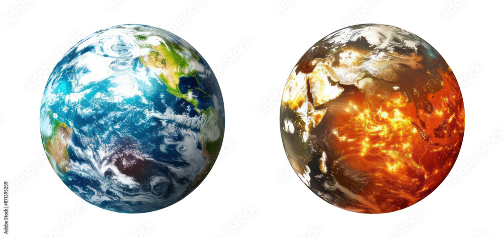 Earth on the left and a lava planet on the right on a transparent background. Earth on the left and a lava planet on the right on a transparent background.