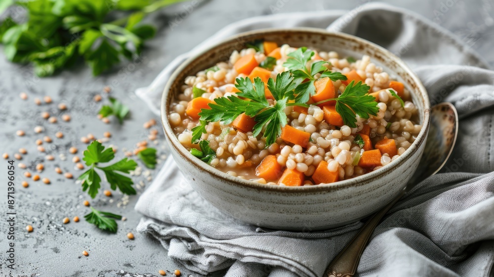 Bowl of buckwheat porridge with cooked carrots garnished with green leaves on a cloth napkin on a gray surface Bowl of buckwheat porridge with cooked carrots garnished with green leaves on a cloth napkin on a gray surface