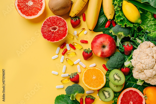 Fototapeta Naklejka Na Ścianę i Meble -  Assorted fruits and vegetables with pills on a yellow background, symbolizing health and nutrition