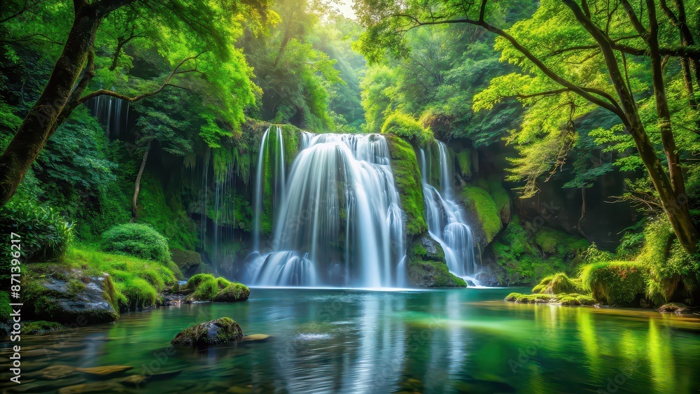 A serene waterfall in a lush green forest setting, waterfall, forest, nature, scenic, tranquil, serene, beauty, outdoors A serene waterfall in a lush green forest setting, waterfall, forest, nature, scenic, tranquil, serene, beauty, outdoors