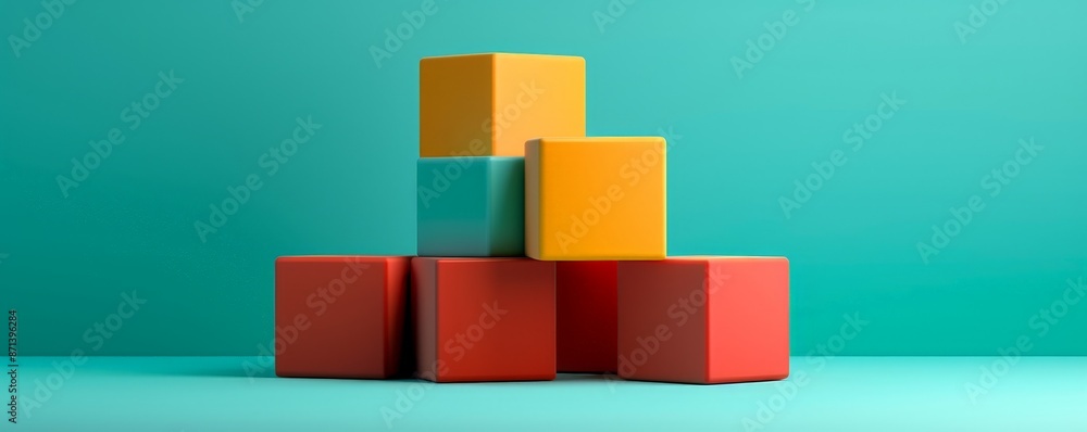 Obraz premium Colorful geometric blocks stacked in a pyramid formation on a teal background, showcasing simplicity and modern design.