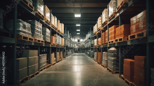 Rows of industrial shelving filled with products