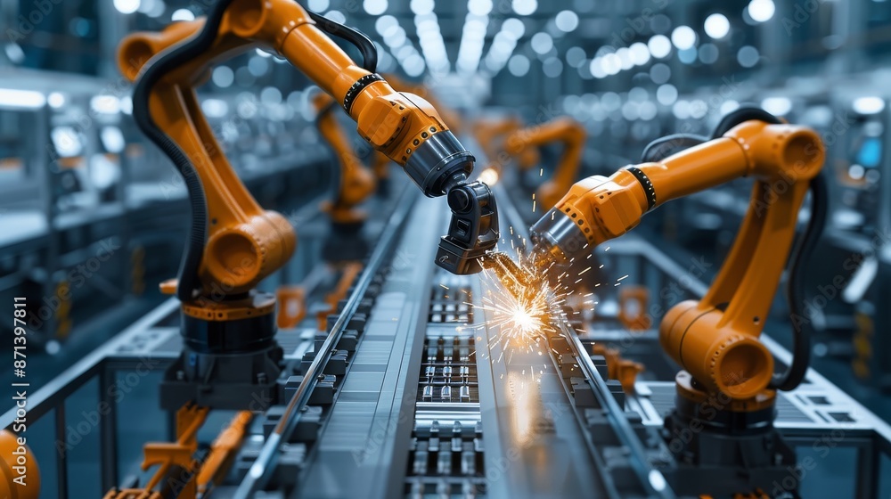 Intricate assembly line mechanism with robotic arms in action, highlighting precision and efficiency in a modern factory setting Intricate assembly line mechanism with robotic arms in action, highlighting precision and efficiency in a modern factory setting