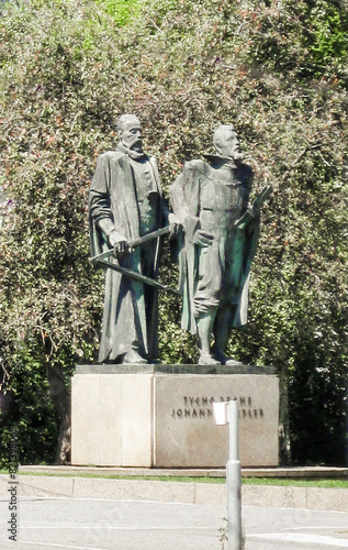 Sculpture of Tycho de Brahe & Johannes Kepler at Pohorelec in Prague in Czech Republic photo