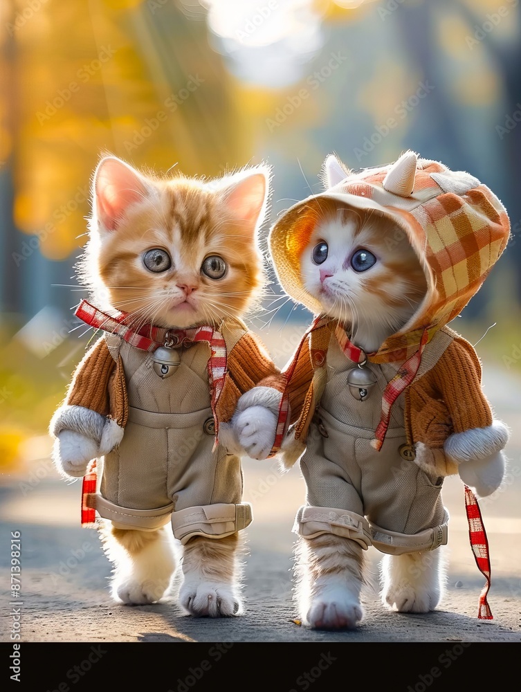 Two kittens holding hands in autumn. Two kittens holding hands in autumn.