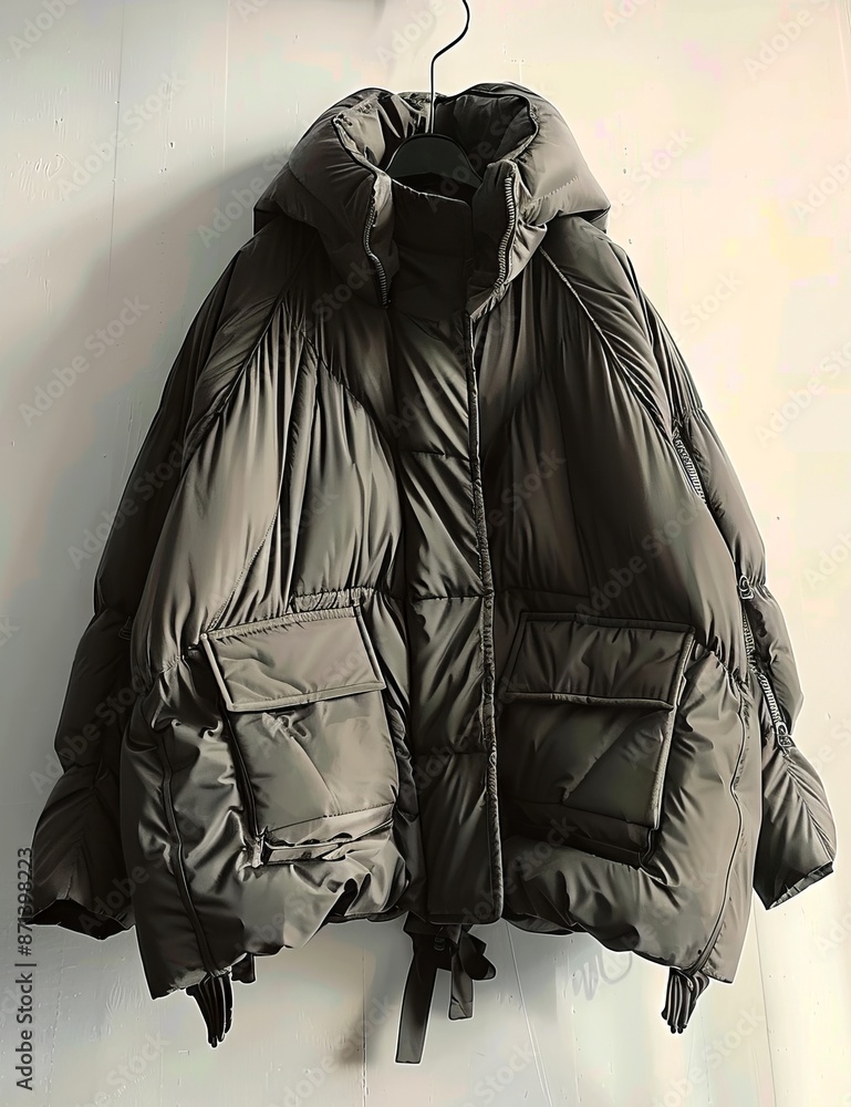 A black puffer jacket hanging on a wall. A black puffer jacket hanging on a wall.