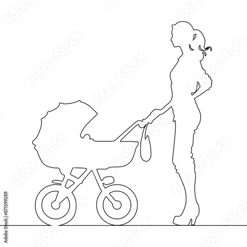 Young mother walking with her baby in stroller. Maternity and paternity concept. Young mom character walk with child in carriage.
