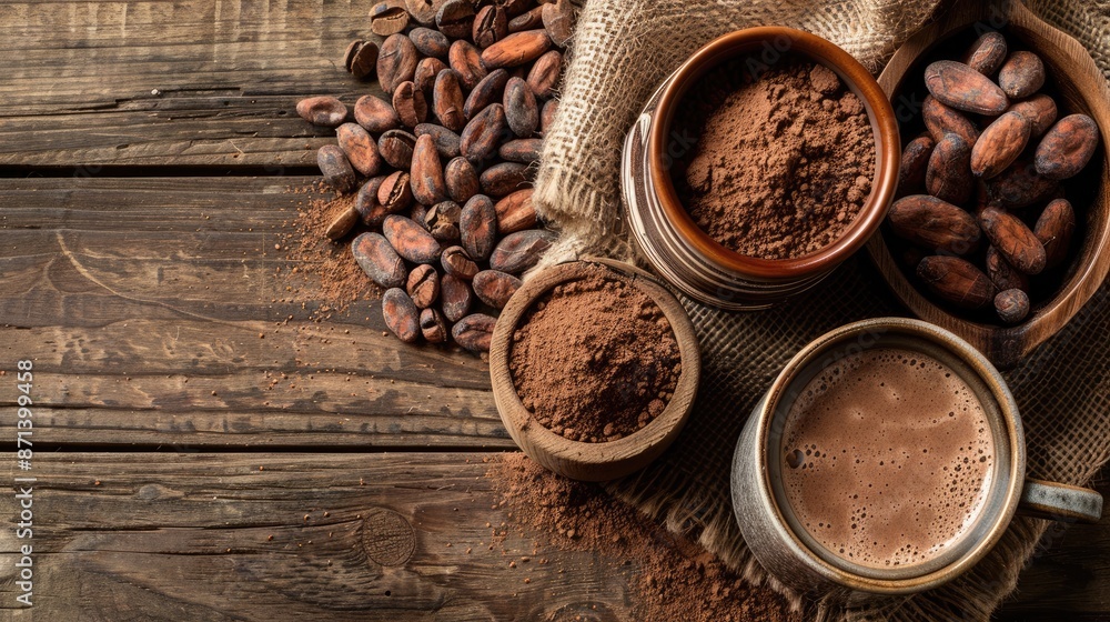 A rustic wooden table with cocoa powder in various forms: whole cocoa beans in a burlap sack A rustic wooden table with cocoa powder in various forms: whole cocoa beans in a burlap sack