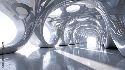 Futuristic white architecture tunnel with circular openings and reflective floor, showcasing modern abstract interior design. photo