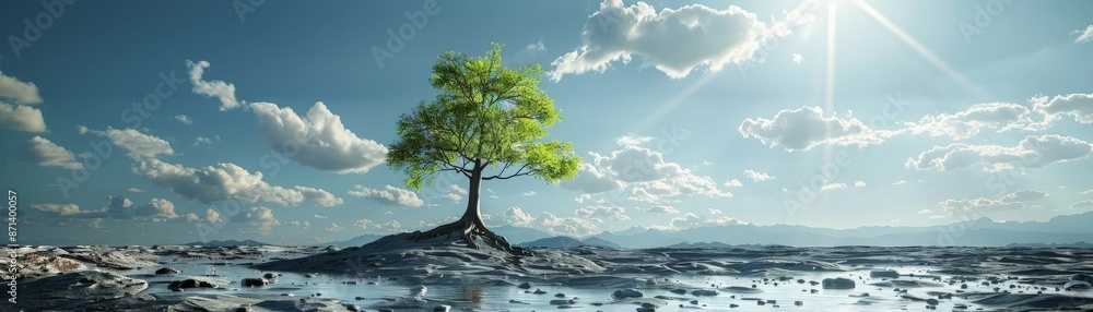 Lone tree standing on barren land with a clear sky and sun overhead, symbolizing resilience and hope in a desolate landscape. Lone tree standing on barren land with a clear sky and sun overhead, symbolizing resilience and hope in a desolate landscape.