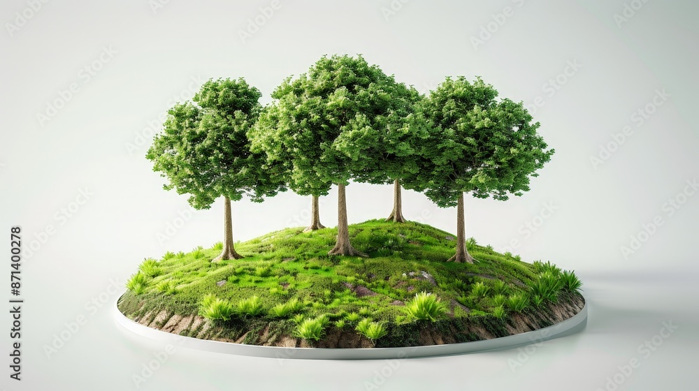 Miniature model of a lush green landscape with five trees on a small grassy mound, perfect for architectural or landscape design projects. Miniature model of a lush green landscape with five trees on a small grassy mound, perfect for architectural or landscape design projects.