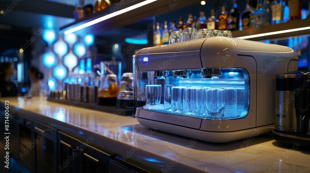 Obraz premium Futuristic beverage dispensing device in a sleek bar setting, emphasizing high-tech controls and speed