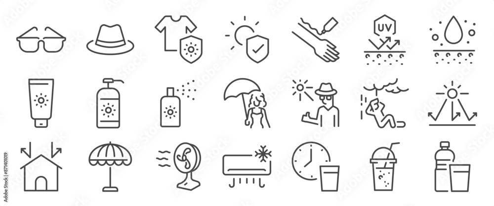 Sun protection icon set. It includes hydrate, sunscreens, umbrellas, water, sun rays, and more icons. Editable Vector Stroke. Sun protection icon set. It includes hydrate, sunscreens, umbrellas, water, sun rays, and more icons. Editable Vector Stroke.