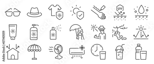 Sun protection icon set. It includes hydrate, sunscreens, umbrellas, water, sun rays, and more icons. Editable Vector Stroke.