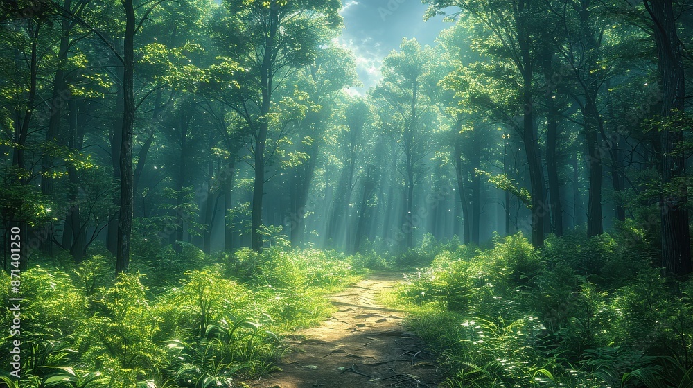 Fototapeta premium Forest trail, dappled sunlight, tall trees, vivid greenery, peaceful path, chirping birds, immersive natural beauty, wide-angle shot