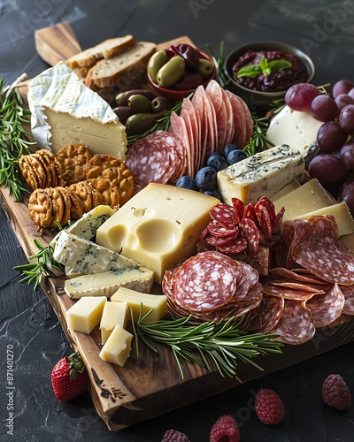 A luxurious charcuterie board filled with assorted cheeses, meats, fruits, nuts, and herbs, perfect for gourmet gatherings and celebrations.