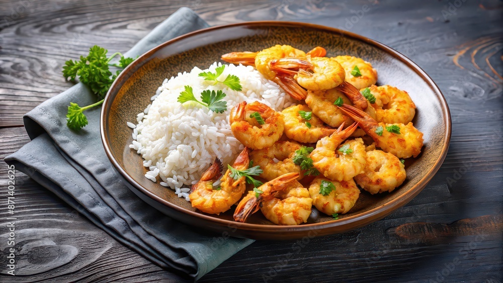 Plate of golden fried shrimp served with fluffy white rice , crispy, seafood, meal, lunch, dinner, delicious, Asian cuisine Plate of golden fried shrimp served with fluffy white rice , crispy, seafood, meal, lunch, dinner, delicious, Asian cuisine