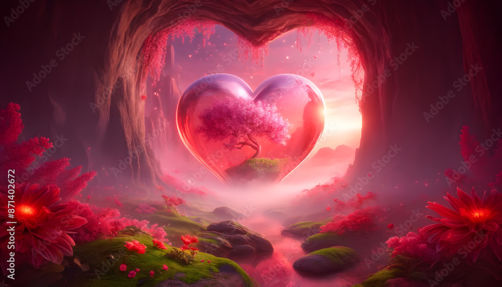 Romantic Sunset Through Heart Cave Entrance with Pink Blossoms and Lush Scenery Romantic Sunset Through Heart Cave Entrance with Pink Blossoms and Lush Scenery