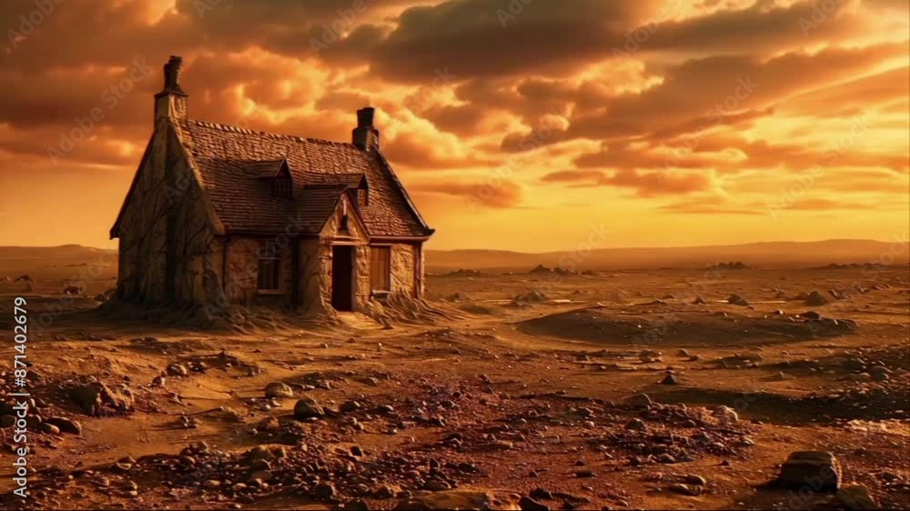 abandoned house at sunset in the middle of barren land