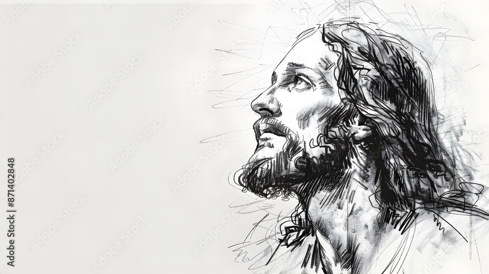 Fototapeta premium Sketch of Jesus Christ on white background with copy space