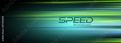 Speed background with green and blue motion lines effect. Black modern wide abstract technology background with glowing high-speed and movement light effect. Vector illustration creative wide banner