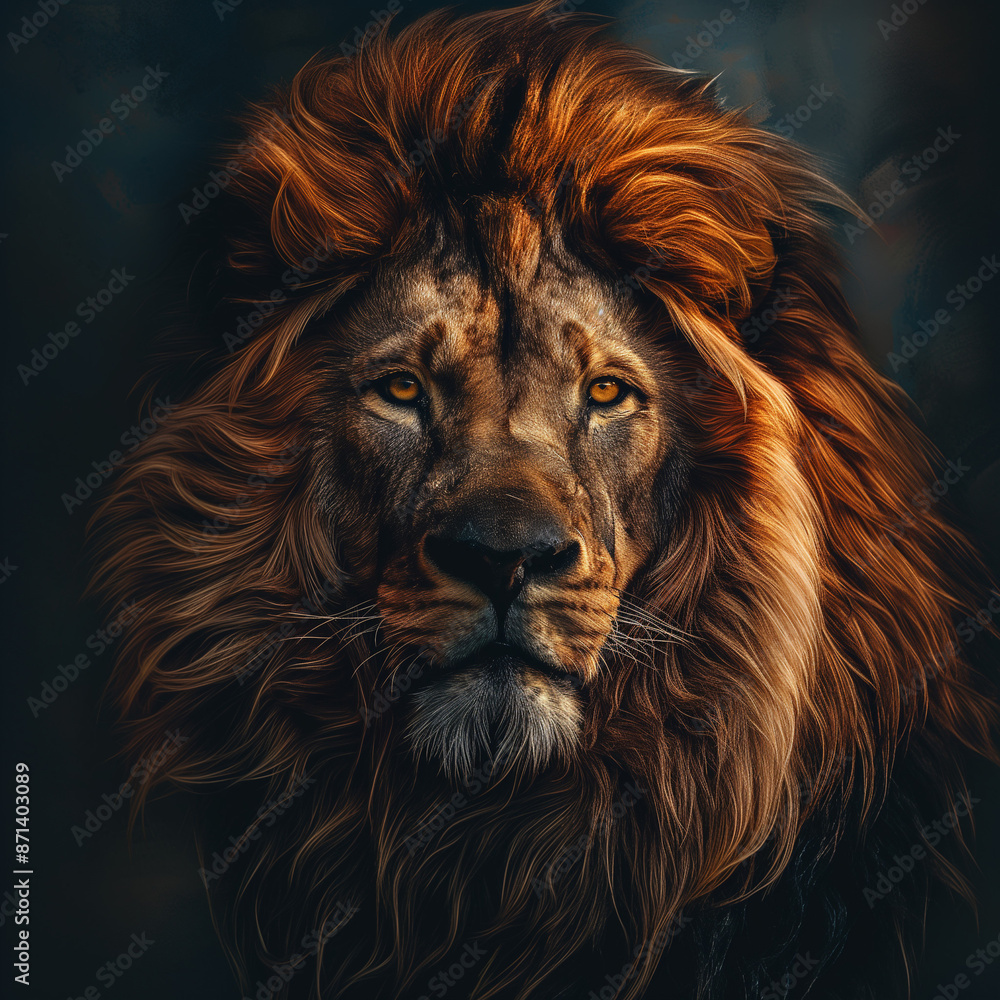 A stunning close-up image of a majestic lion with a fiery mane, exuding power and grace, captured in a dramatic environment that highlights its regal presence. A stunning close-up image of a majestic lion with a fiery mane, exuding power and grace, captured in a dramatic environment that highlights its regal presence.