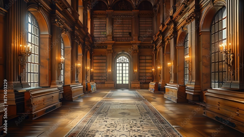 Obraz premium A large room with a long hallway and many bookshelves