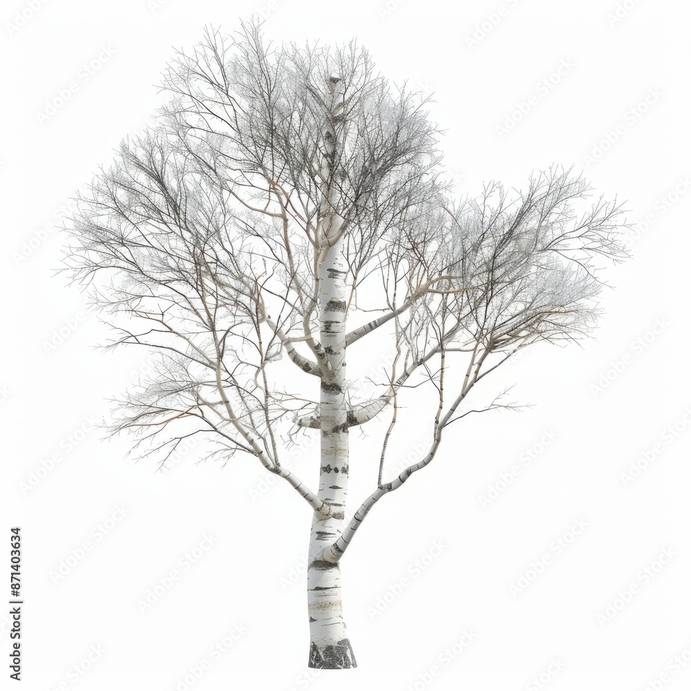 Fototapeta premium 3D Render, Low Poly style of a sturdy birch tree with white bark, on isolated white background, Generative AI