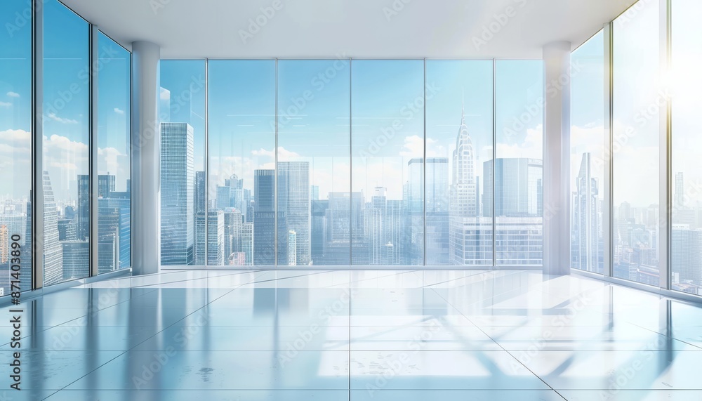Fototapeta premium Modern empty office room with glass windows and cityscape view