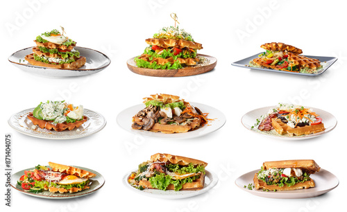 Set of tasty Belgian waffles with vegetables and eggs on white background