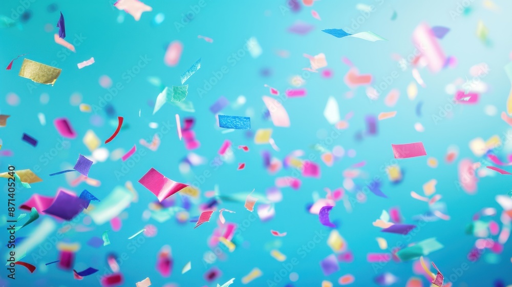 Fototapeta premium Colorful confetti pieces falling against a bright blue background, creating a festive and joyful atmosphere.