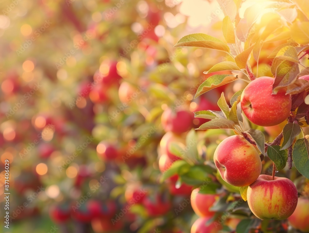 Fruit farm with apple trees. Branch with natural apples on blurred background of apple orchard in golden hour - ai Fruit farm with apple trees. Branch with natural apples on blurred background of apple orchard in golden hour - ai
