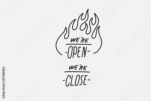 Simple outline text, smooth lines. Stylized image Vector graphics. Set of Neon sign. Inscription "Close Open"