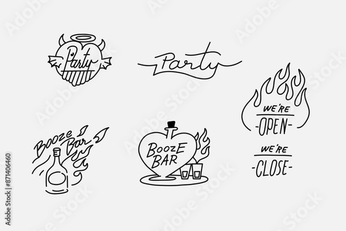 Simple outline text, smooth lines. Stylized image Vector graphics. Set of Neon sign. Inscription "Close Open, booze dar, party"