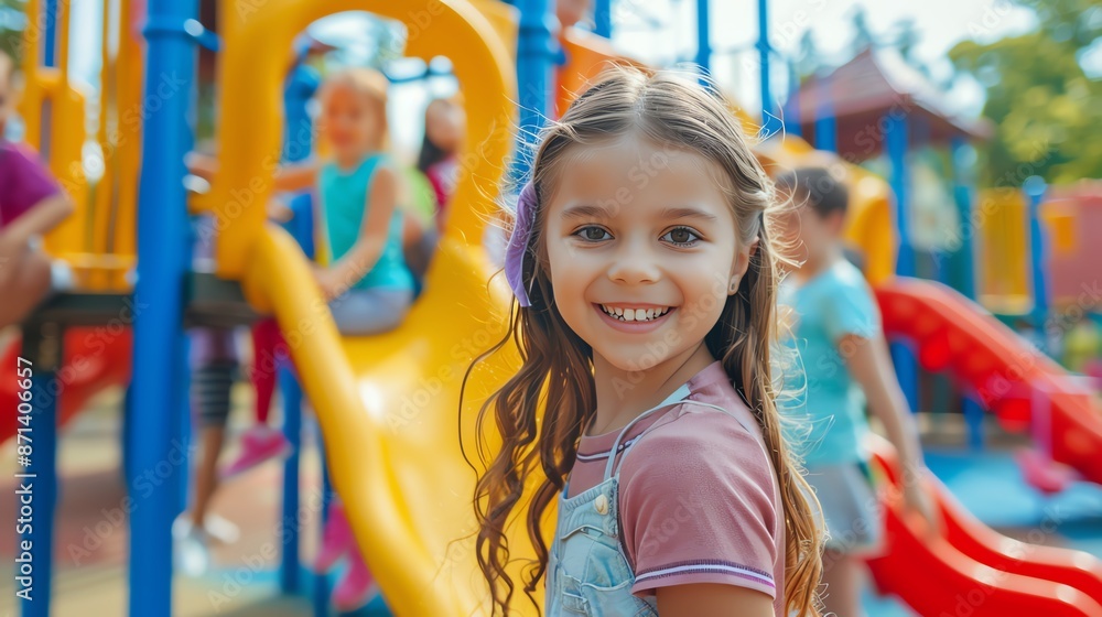 Happy children playing on a colorful playground on a sunny day, with a smiling girl in focus enjoying the outdoor activity. Happy children playing on a colorful playground on a sunny day, with a smiling girl in focus enjoying the outdoor activity.