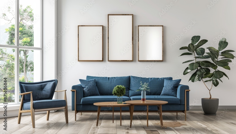 Dark blue sofa and recliner chair in scandinavian apartment. Interior design of modern living room Dark blue sofa and recliner chair in scandinavian apartment. Interior design of modern living room