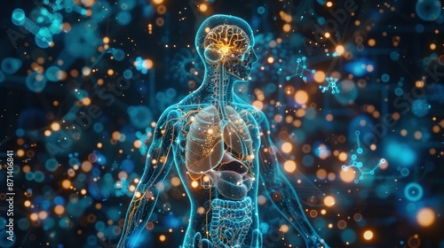 3D hologram of human endocrine system, translucent glands and organs highlighted in blue and teal, white tiny robots performing gland repairs. photo