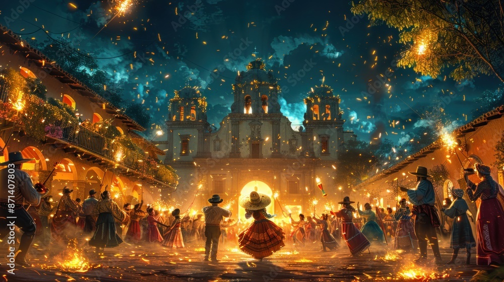 Craft a scene of a Day of the Dead procession, with families honoring their ancestors amidst flickering candles in a solemn blank. Craft a scene of a Day of the Dead procession, with families honoring their ancestors amidst flickering candles in a solemn blank.