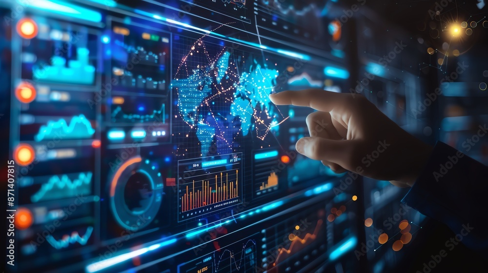 Futuristic data visualization dashboard with world map and analytics. A hand pointing at global data on a high-tech screen. Futuristic data visualization dashboard with world map and analytics. A hand pointing at global data on a high-tech screen.