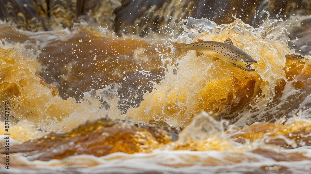 Close up shot of salmon leaping high with dynamic splashes in an impressive aquatic jump Close up shot of salmon leaping high with dynamic splashes in an impressive aquatic jump