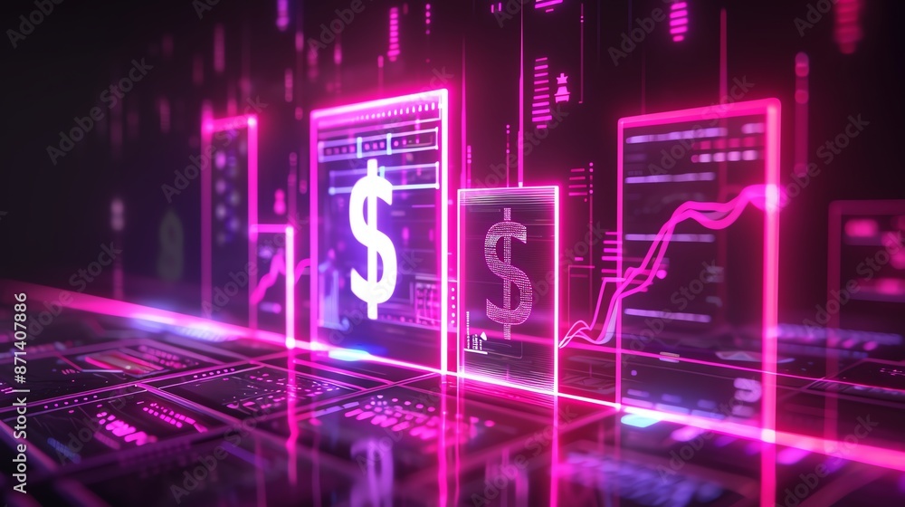 Futuristic digital financial interface with dollar signs and graphs representing stock market and business data. Futuristic digital financial interface with dollar signs and graphs representing stock market and business data.