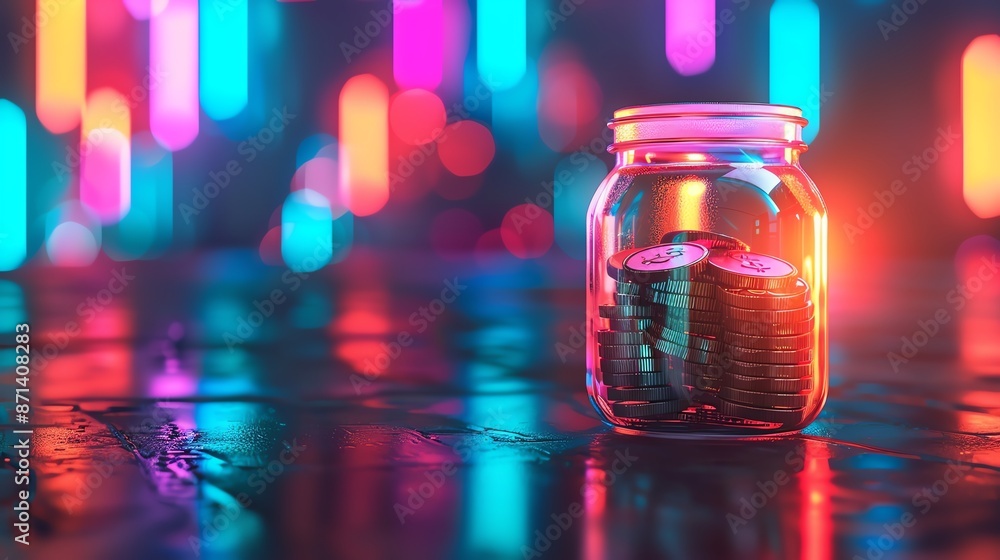 Jar of coins with colorful neon lights, symbolizing saving and finance in a modern digital world. Vibrant and futuristic financial concept. Jar of coins with colorful neon lights, symbolizing saving and finance in a modern digital world. Vibrant and futuristic financial concept.