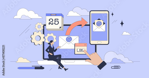 Automated email marketing solutions to send message tiny neubrutalism concept. Scheduled mail letter sending with promotion offers or commercial information for business customers vector illustration