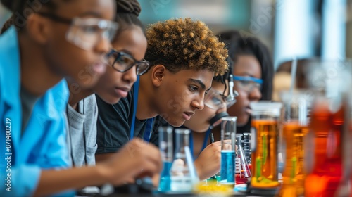 Group of diverse students conducting a chemistry experiment in a science classroom, focusing on colorful liquids in glass beakers.