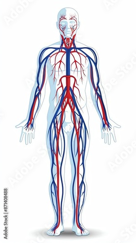 Detailed illustration of the human circulatory system highlighting veins and arteries in the human body anatomy medical diagram.