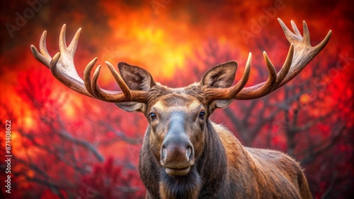 Majestic moose stands regally against vibrant red backdrop, its intricately detailed antlers and realistic fur a testament to its wild beauty.