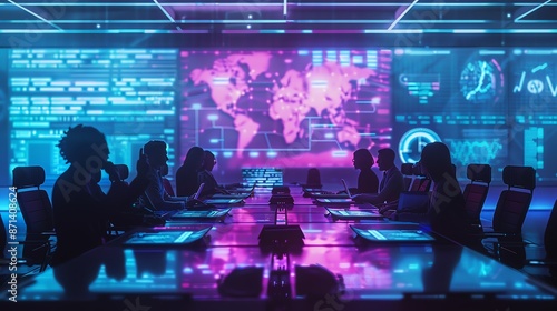 Silhouetted team members collaborating in a futuristic conference room with digital world maps and data displays on screens. © Jirapron